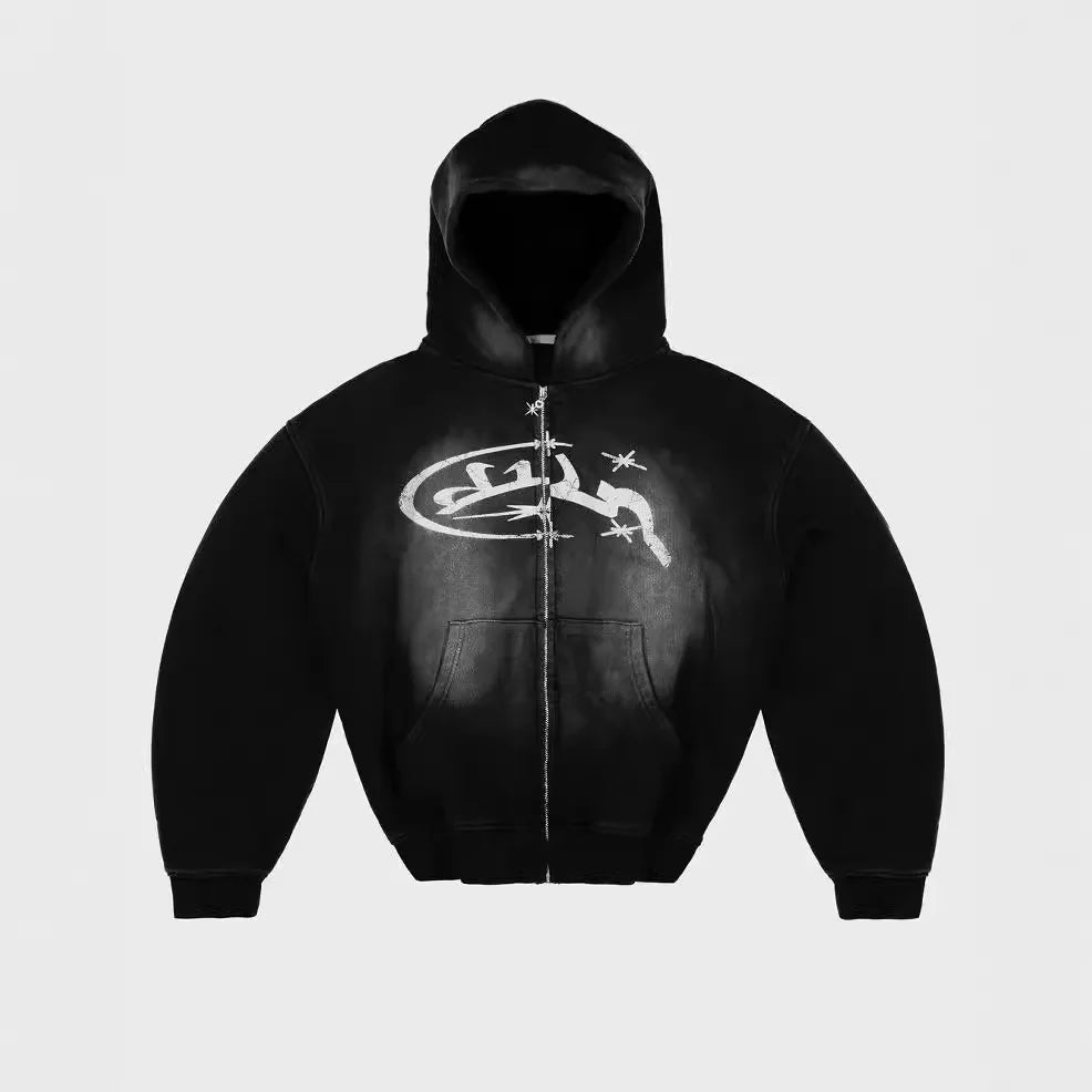 Vintage Print Zip Up Hoodie