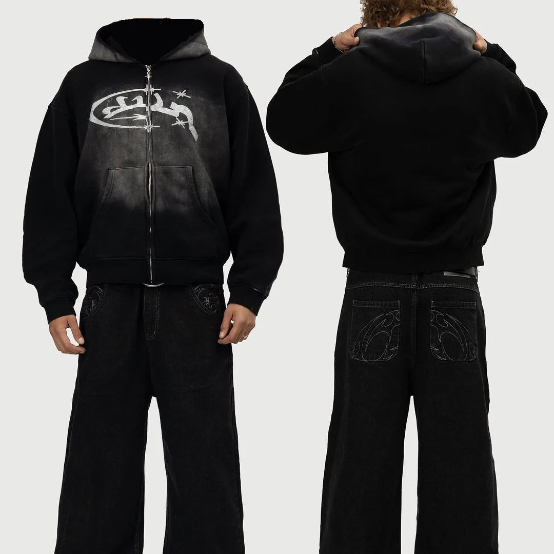 Vintage Print Zip Up Hoodie