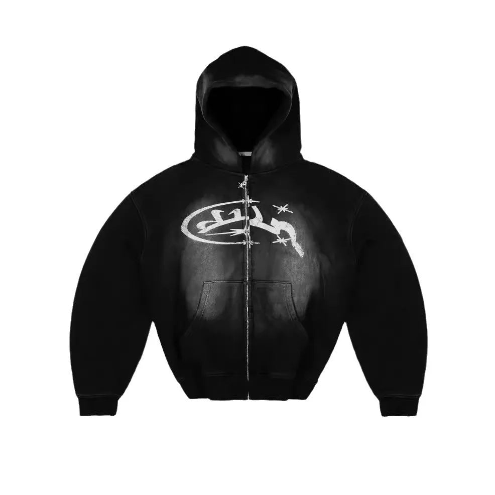 Vintage Print Zip Up Hoodie