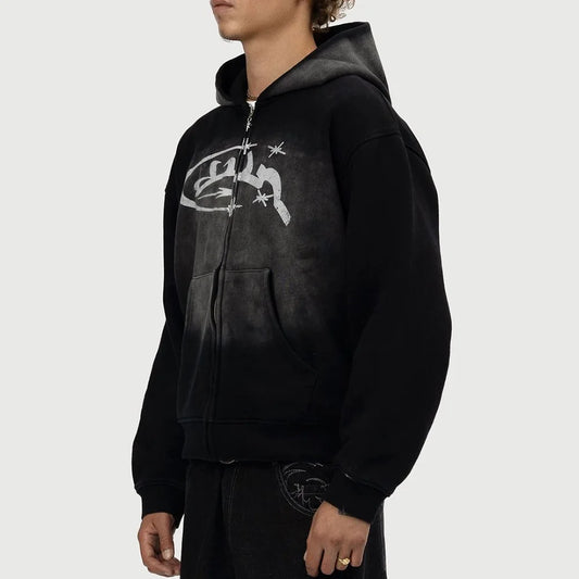 Vintage Print Zip Up Hoodie